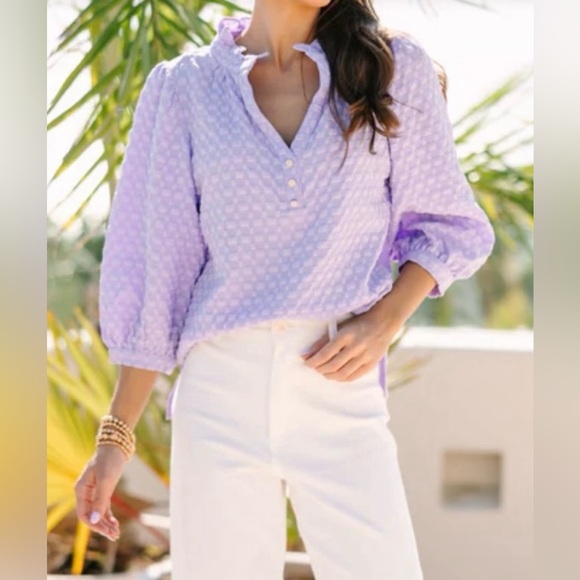 Lilac 3/4 Sleeve Shirt | Textured Knit | Ruffled V-Neck - Picture 3 of 8